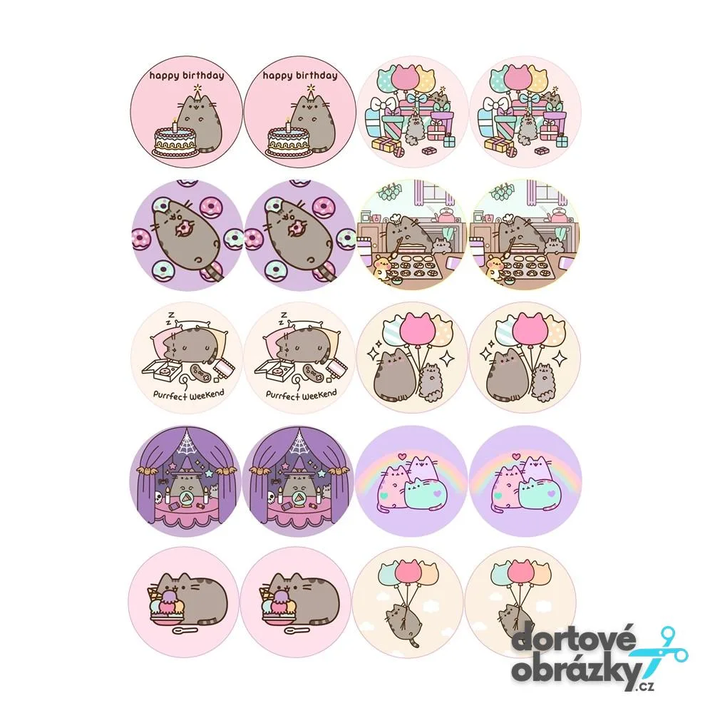 Pusheen – 20 koleček – jedlý obrázek na dort – jedlý obrázek na dort