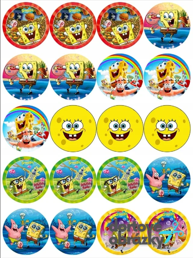 Spongebob – 20 koleček s postavami – jedlý papír na hranatý dort – jedlý obrázek na dort