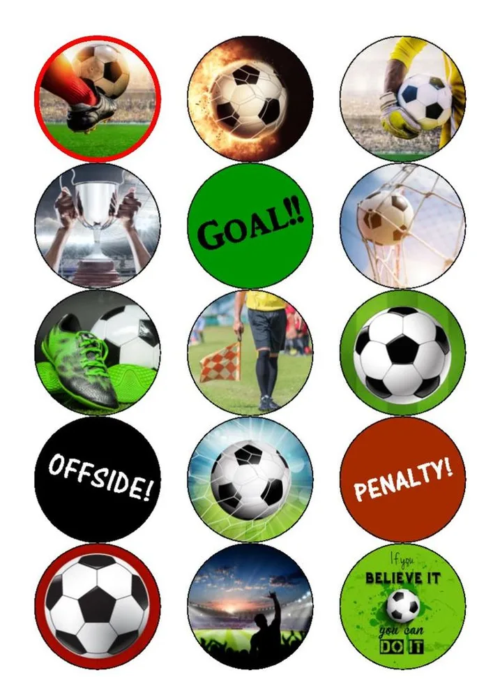 Fotbal Cupcakes – kolečka s míči a nápisy – jedlý papír na cupcakes – jedlý obrázek na dort