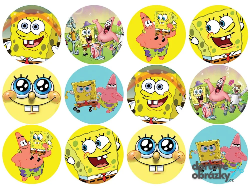 Spongebob – 12 koleček s obličeji – jedlý papír na hranatý dort – jedlý obrázek na dort