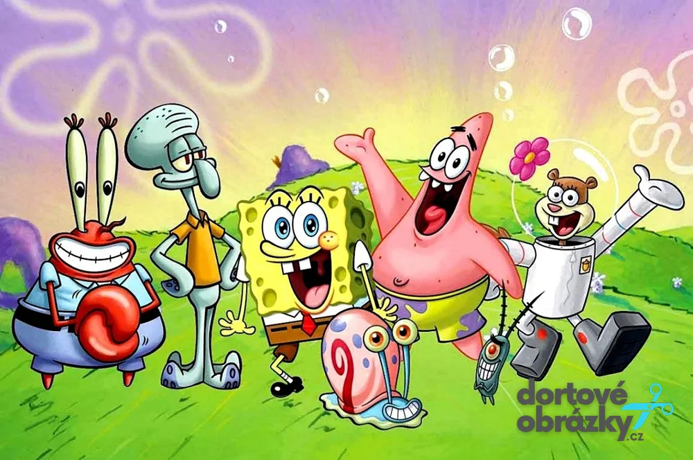 Spongebob – parta na louce na šířku – jedlý papír na hranatý dort – jedlý obrázek na dort