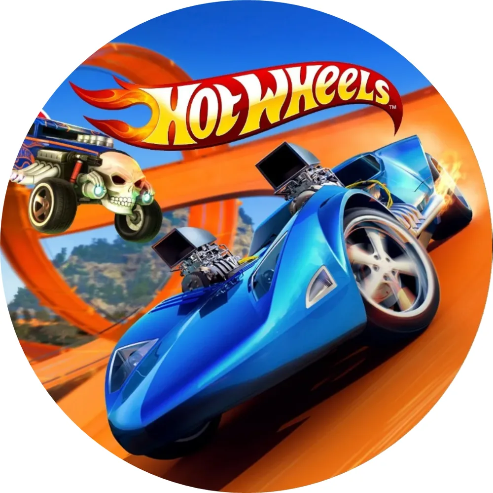 Hot Wheels – modré auto na oranžové dráze – jedlý obrázek na dort – jedlý obrázek na dort