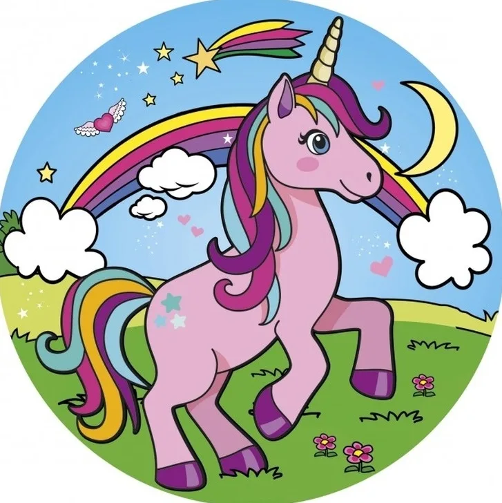 Jednorožec – Unicorn – kreslený s duhou a měsícem – jedlý obrázek na dort – jedlý obrázek na dort