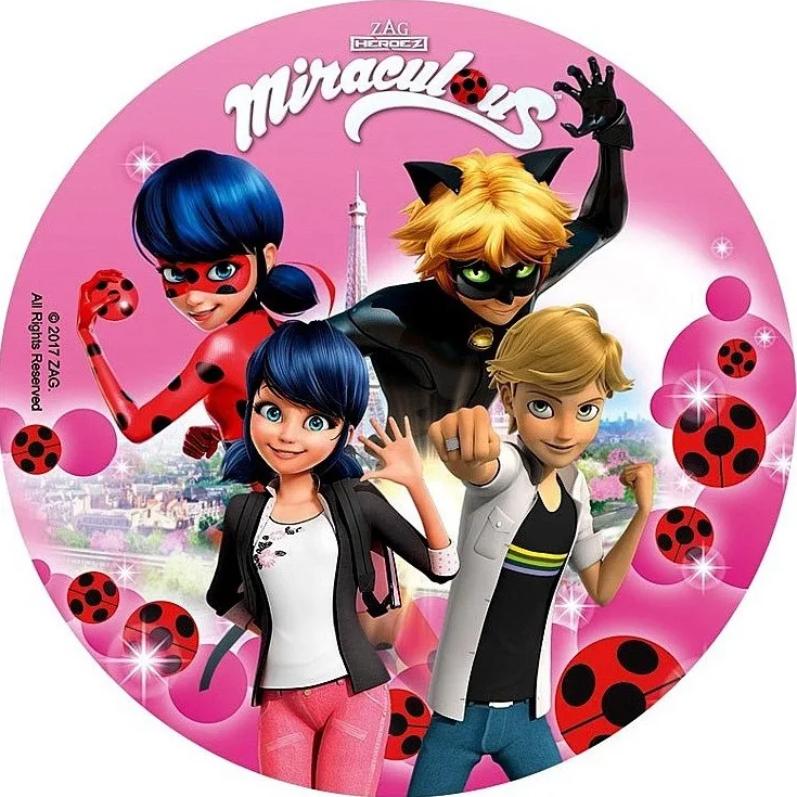 Miraculous – Kouzelná Beruška a Černý Kocour – parta na růžovém – jedlý obrázek na dort – jedlý obrázek na dort