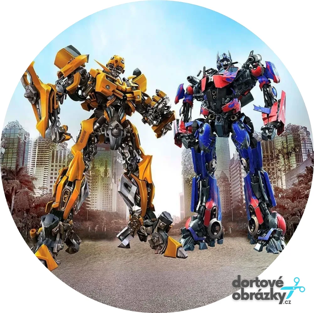 Transformers – Bumblebee a Optimus ve městě – jedlý obrázek na dort – jedlý obrázek na dort