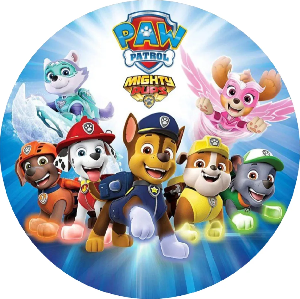 Paw Patrol – Tlapková Patrola – Mighty Pups s logem – jedlý obrázek na dort – jedlý obrázek na dort