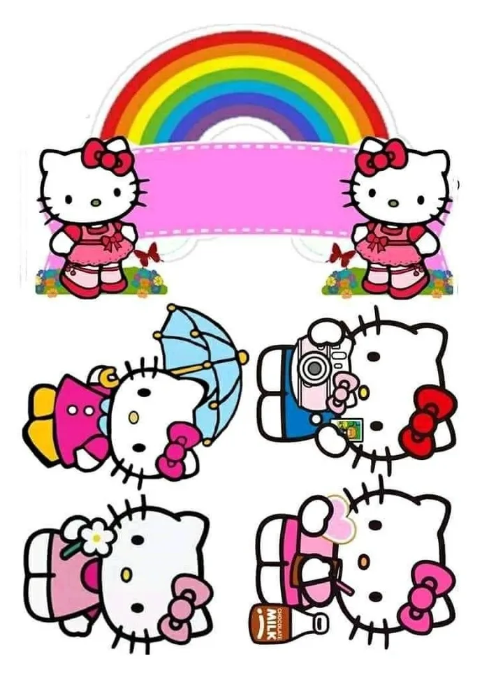 Hello Kitty – duha a cedulka – jedlý papír na hranatý dort – jedlý obrázek na dort