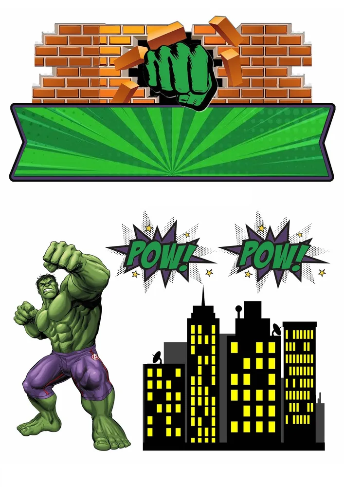 Hulk – cihlová zeď a město – jedlý papír na hranatý dort – jedlý obrázek na dort