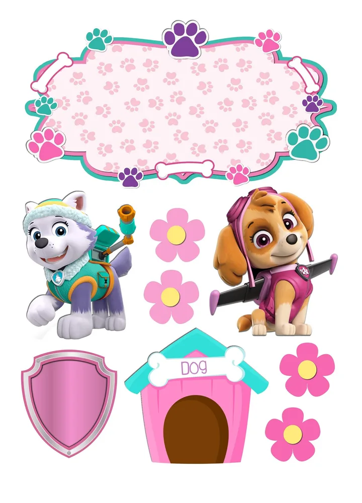 Paw Patrol – Tlapková Patrola – cedulka a psí bouda – jedlý papír na hranatý dort – jedlý obrázek na dort