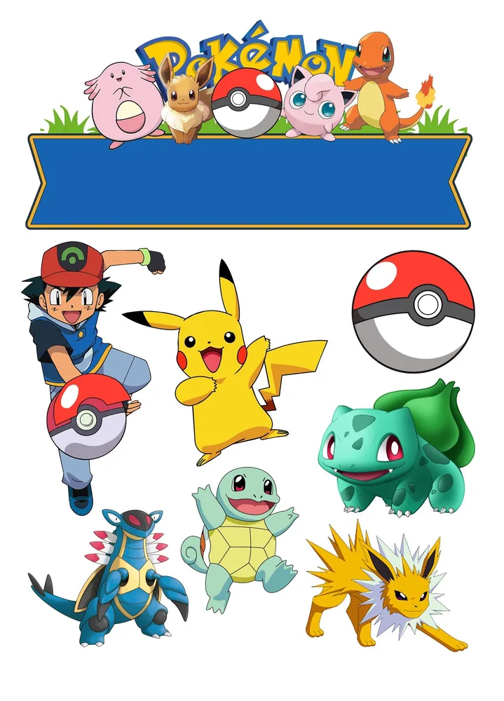 Pokémon – výřezy s cedulkou a Pokéballem – jedlý papír na hranatý dort – jedlý obrázek na dort