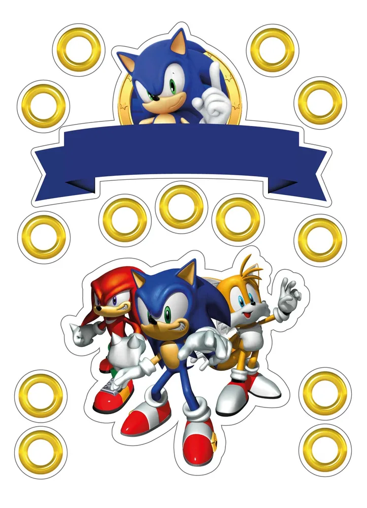 Sonic – prsteny a modrá stuha – jedlý papír na hranatý dort – jedlý obrázek na dort