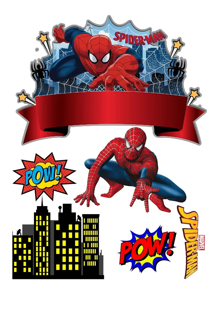 Spiderman – město a stuha – jedlý papír na hranatý dort – jedlý obrázek na dort