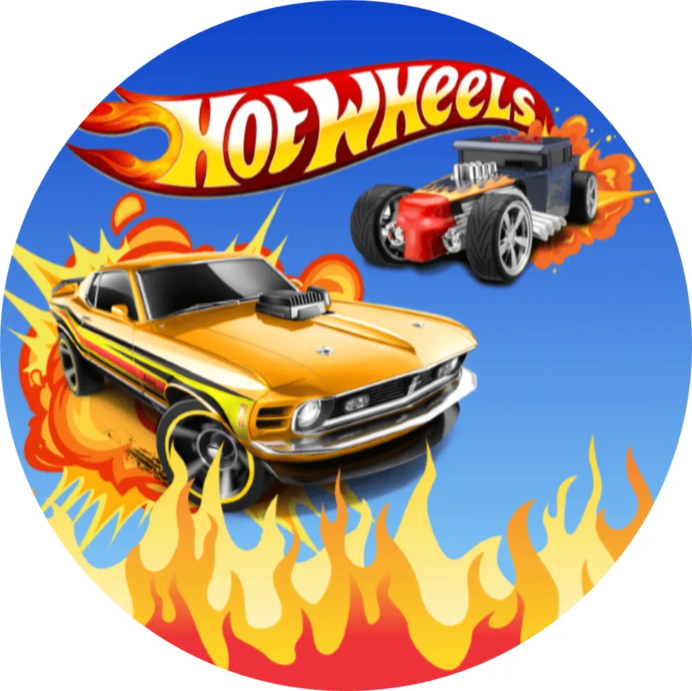 Hot Wheels – žluté auto a plameny – jedlý obrázek na dort – jedlý obrázek na dort