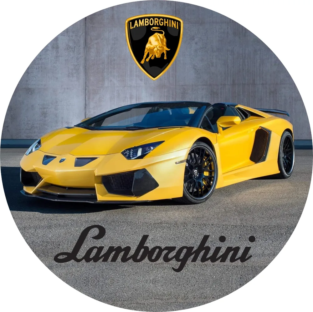 Sporťák Lamborghini – žlutý s logem – jedlý obrázek na dort – jedlý obrázek na dort