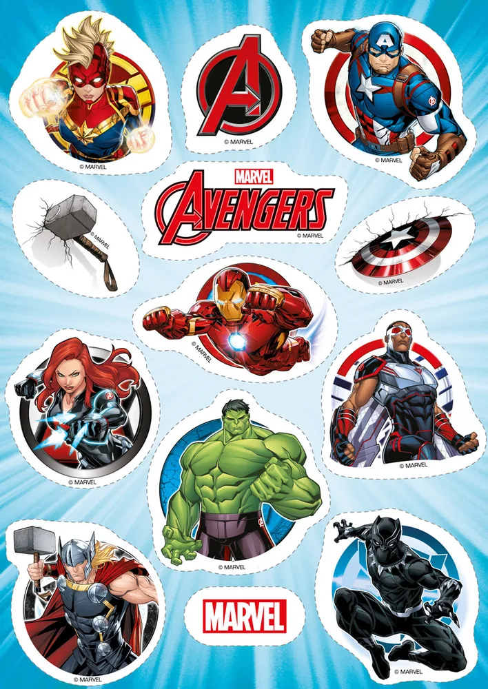 Avengers – výřezy s logem Avengers – jedlý papír na hranatý dort – jedlý obrázek na dort