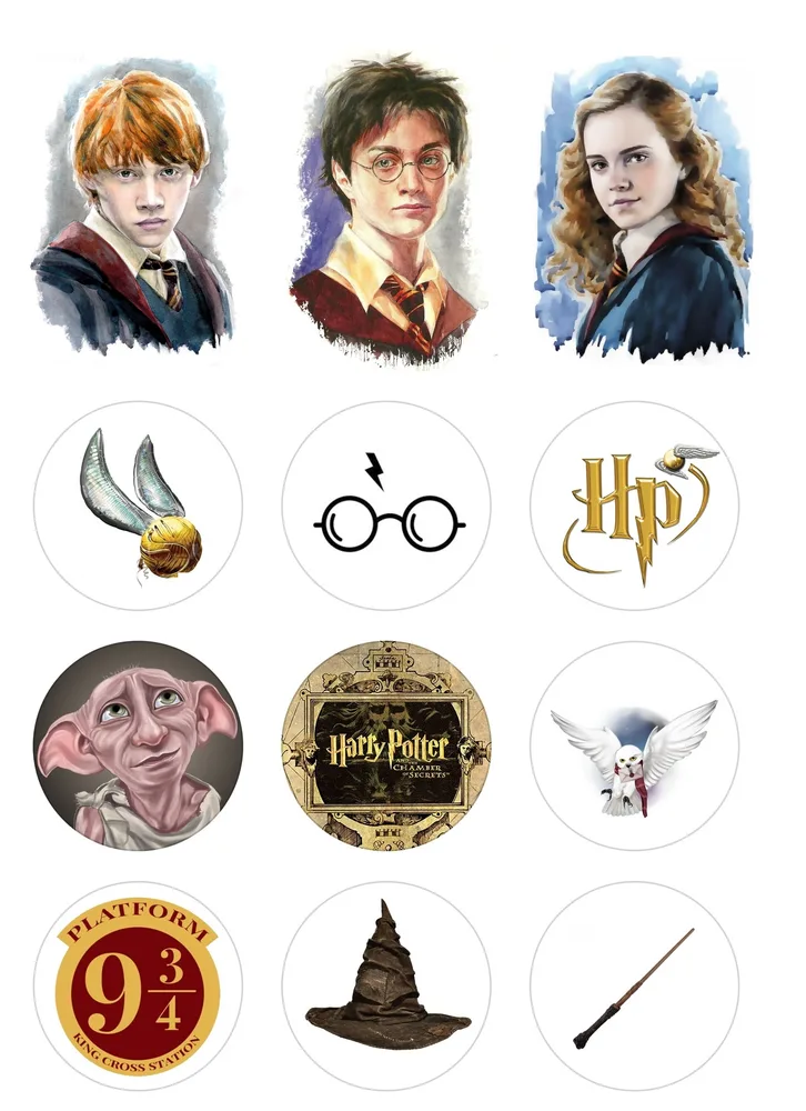 Harry Potter – portréty a symboly – jedlý papír na hranatý dort – jedlý obrázek na dort