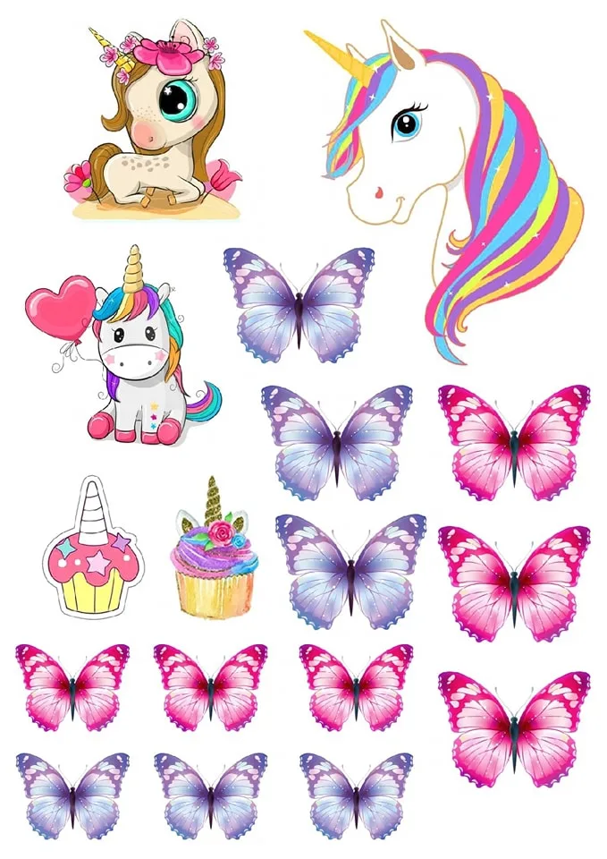 Jednorožec – Unicorn – motýlci a cupcaky – jedlý papír na hranatý dort – jedlý obrázek na dort