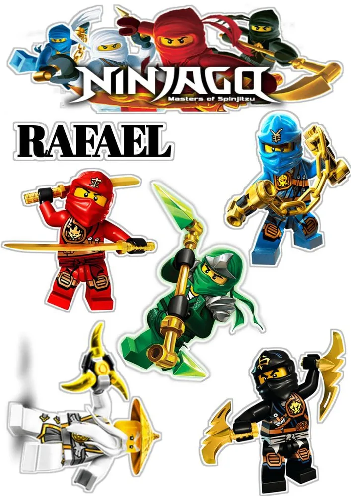 Lego Ninjago – výřezy nindžů s nápisem – jedlý papír na hranatý dort – jedlý obrázek na dort
