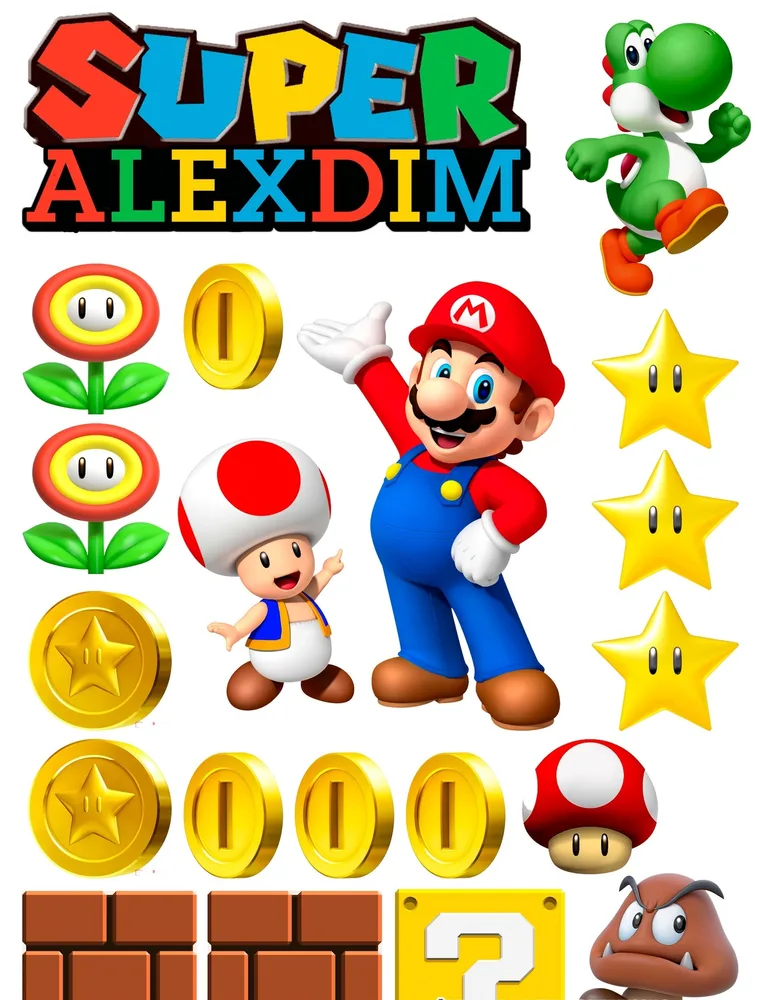 Super Mario – mince, hvězdy a kostky – jedlý papír na hranatý dort – jedlý obrázek na dort