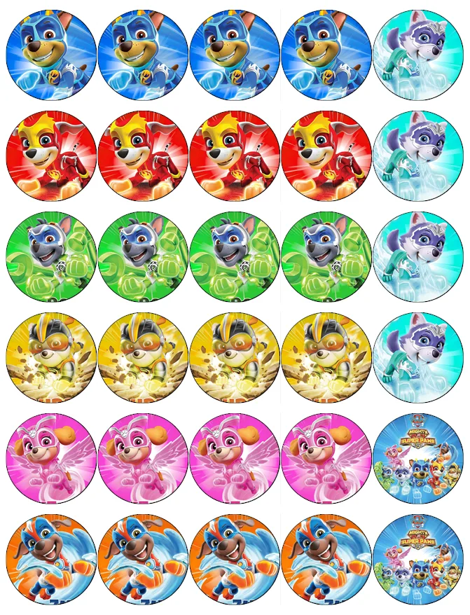 Paw Patrol – 30 koleček s pejsky – jedlý papír na cupcakes – jedlý obrázek na dort