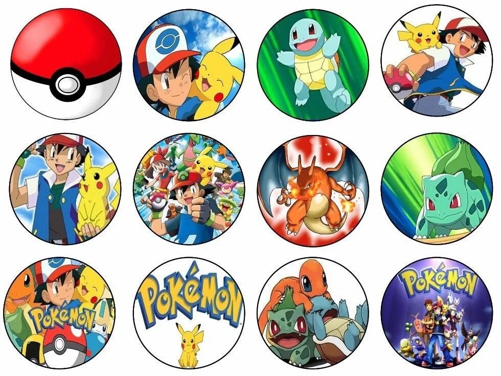 Pokémon – kolečka s Ashem a logem – jedlý papír na cupcakes – jedlý obrázek na dort