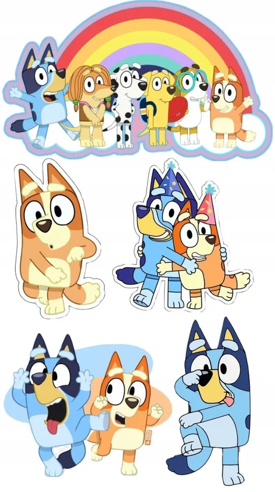 Bluey – duha a rodinka – jedlý papír na hranatý dort – jedlý obrázek na dort