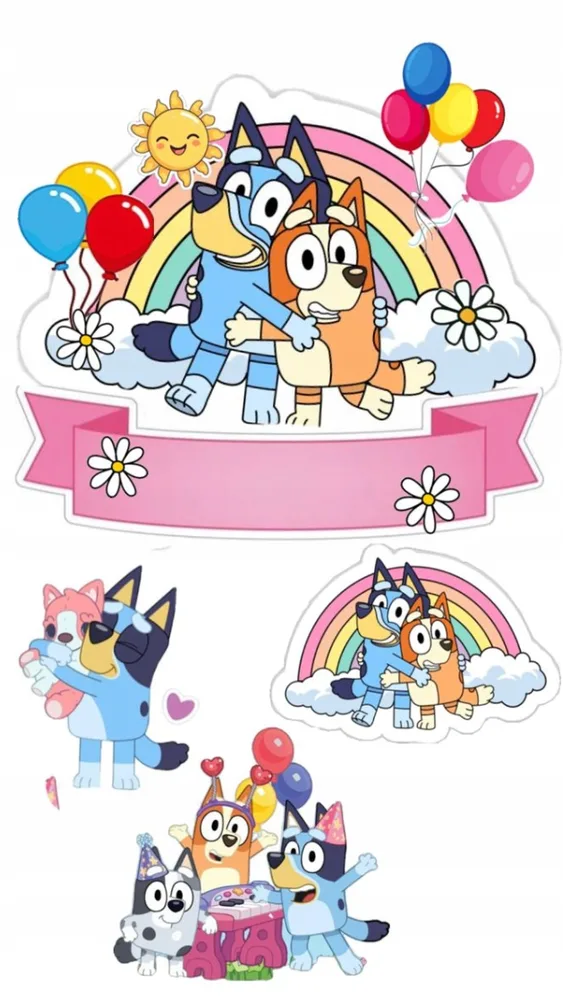 Bluey – balónky a stuha – jedlý papír na hranatý dort – jedlý obrázek na dort