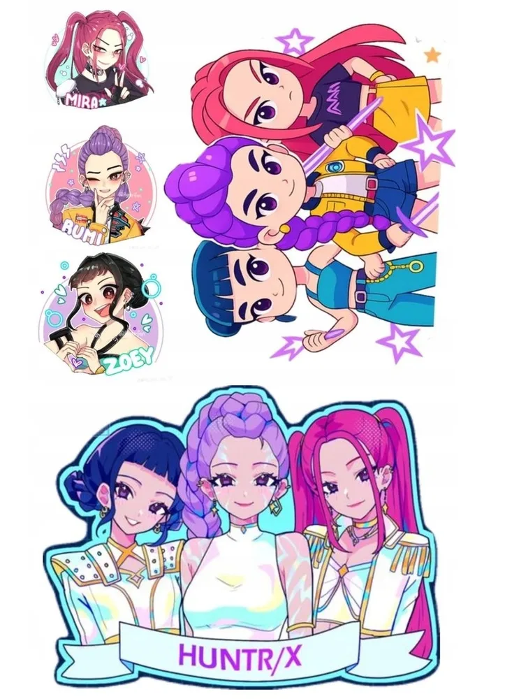 K Pop – Lovkyně Démonů – Hunterx – výřezy tváří s cedulkou – jedlý papír na hranatý dort – jedlý obrázek na dort