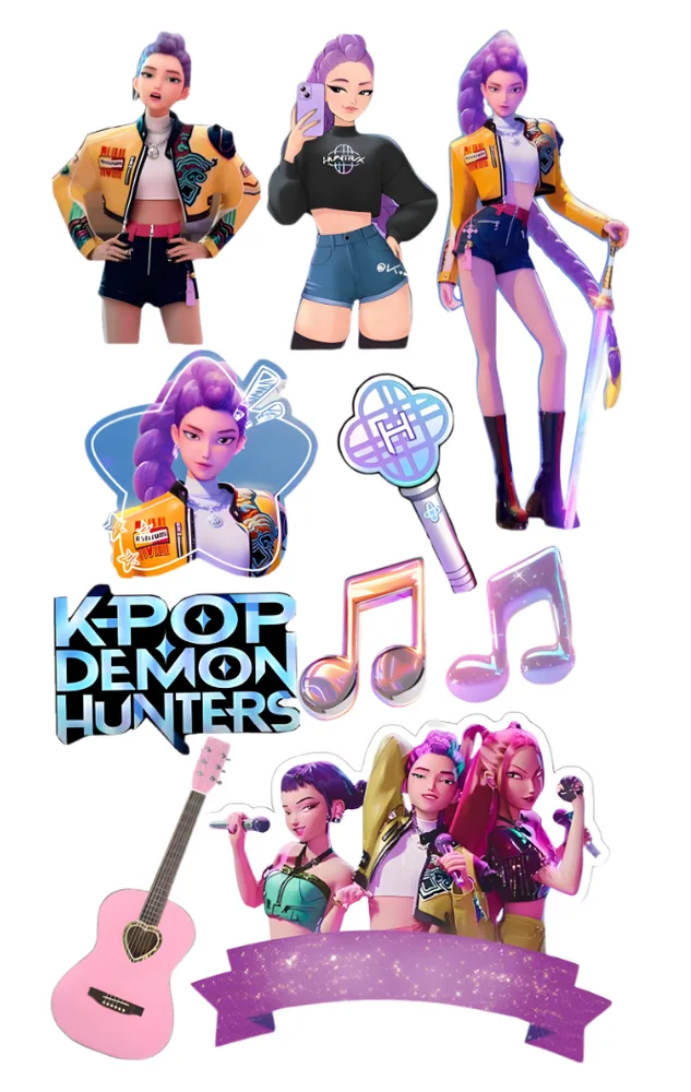 K Pop – Lovkyně Démonů – Hunterx – výřezy postav a kytary – jedlý papír na hranatý dort – jedlý obrázek na dort