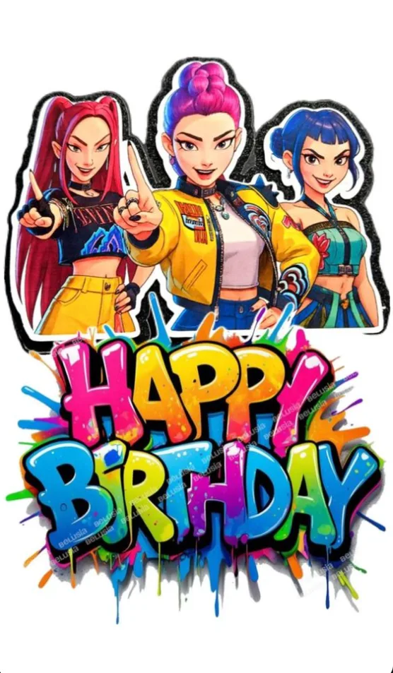 K Pop – Lovkyně Démonů – Hunterx – Happy Birthday v graffiti – jedlý papír na hranatý dort – jedlý obrázek na dort