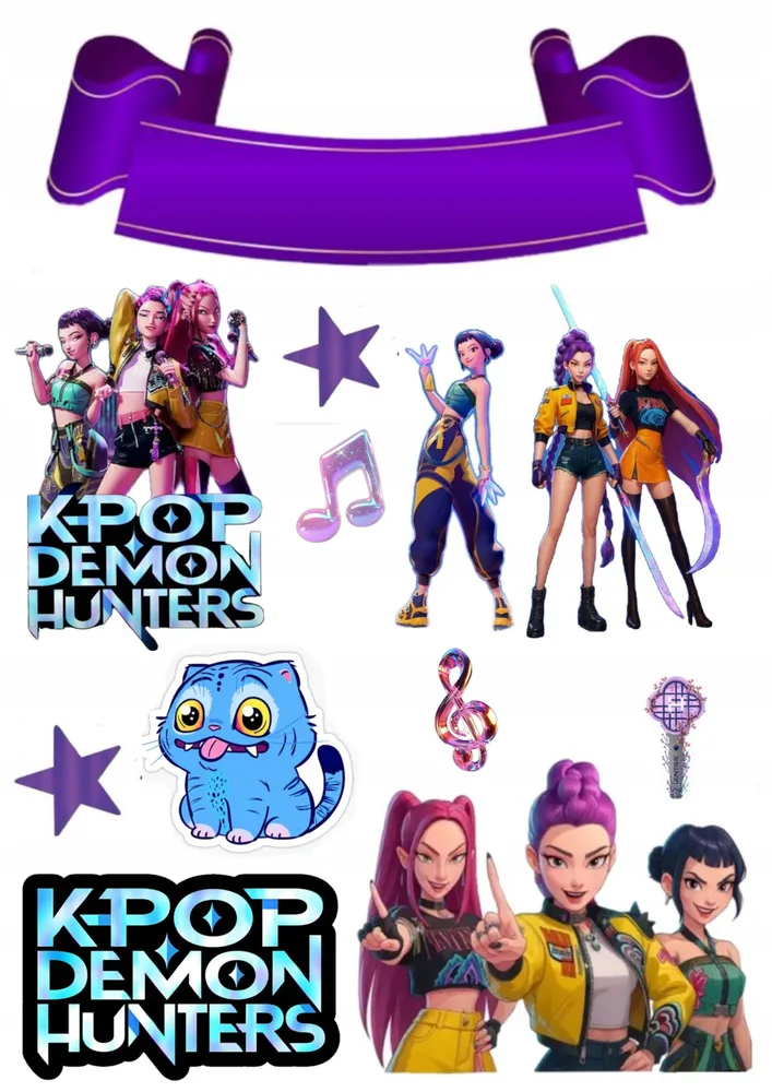 K Pop – Lovkyně Démonů – Hunterx – výřezy se stuhou a hvězdami – jedlý papír na hranatý dort – jedlý obrázek na dort