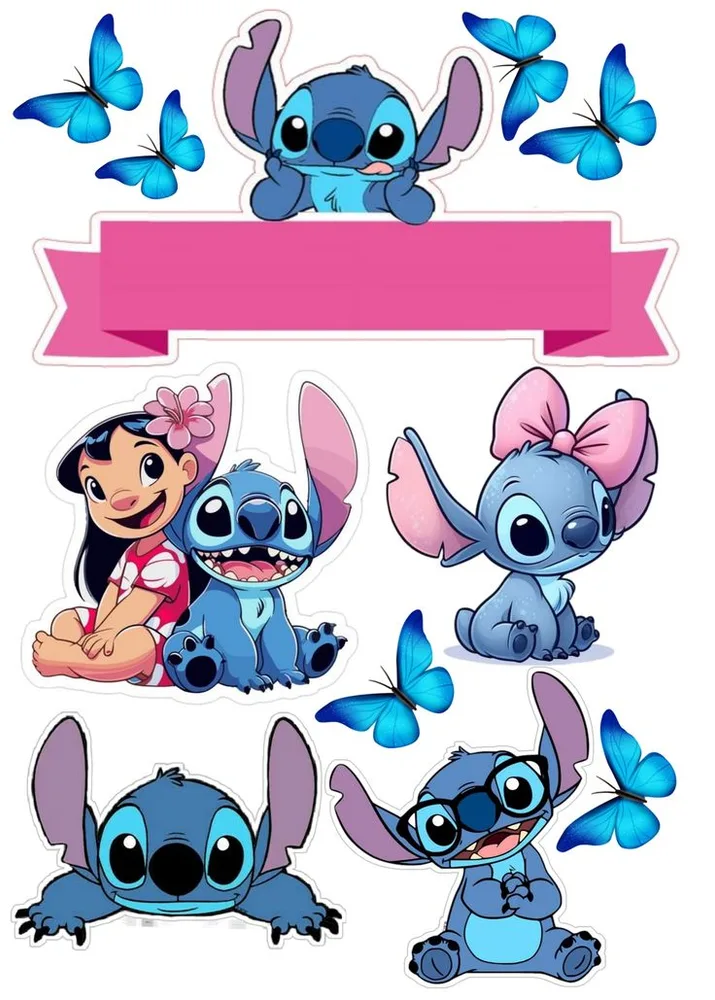 Lilo a Stitch – výřezy s motýly a stuhou – jedlý papír na hranatý dort – jedlý obrázek na dort