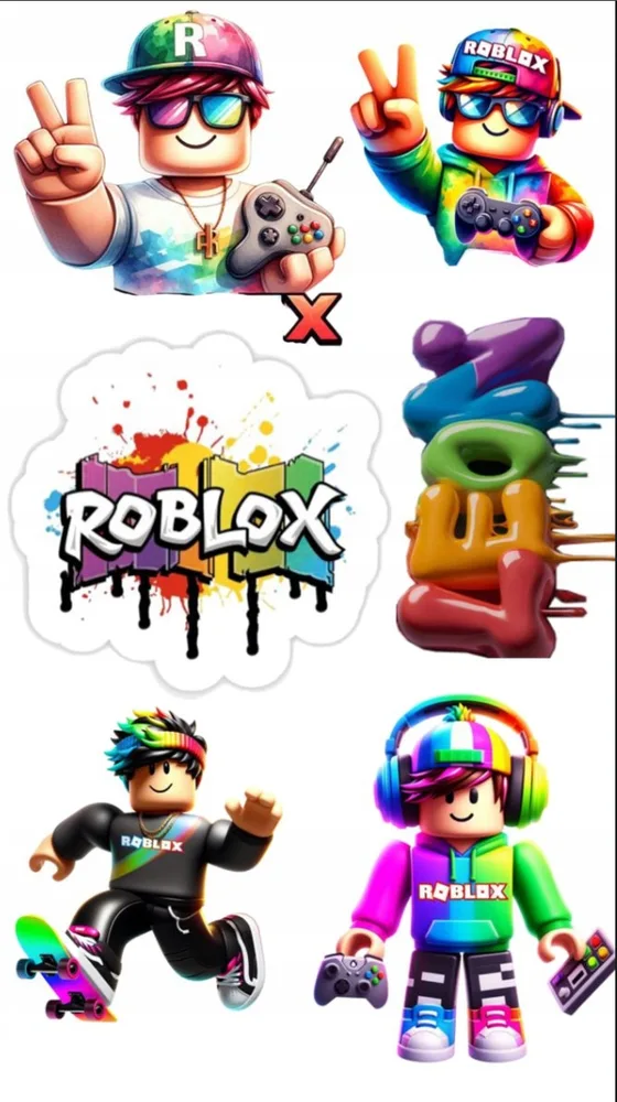 Roblox – barevné výřezy s logem – jedlý papír na hranatý dort – jedlý obrázek na dort