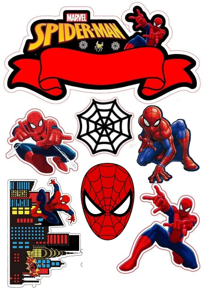 Spiderman – výřezy se stuhou a pavučinou – jedlý papír na hranatý dort – jedlý obrázek na dort