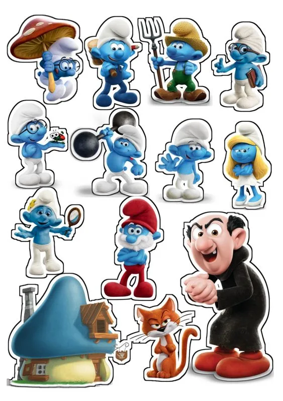 Šmoulové – Gargamel a Azrael – jedlý papír na hranatý dort – jedlý obrázek na dort
