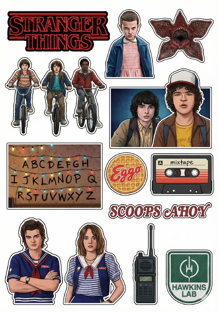 Stranger Things – výřezy postav a abecedy – jedlý papír na hranatý dort – jedlý obrázek na dort