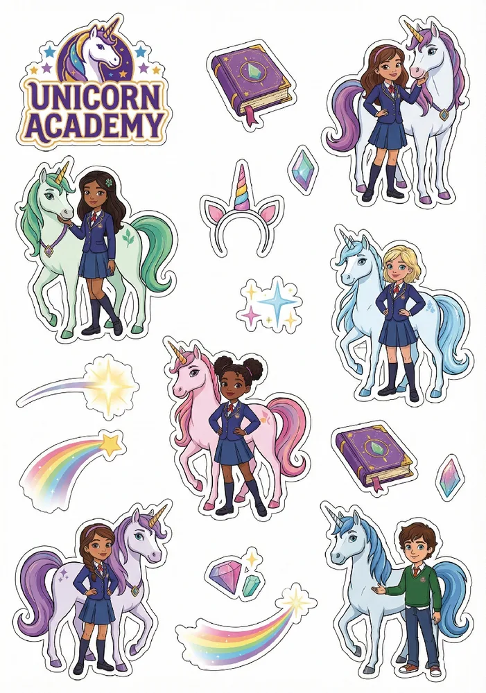 Jednorožčí Akademie – Unicorn Academy – výřezy s logem – jedlý papír na hranatý dort – jedlý obrázek na dort