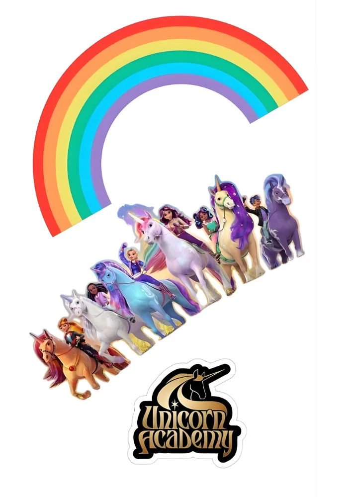 Jednorožčí Akademie – Unicorn Academy – duha a jednorožci – jedlý papír na hranatý dort – jedlý obrázek na dort
