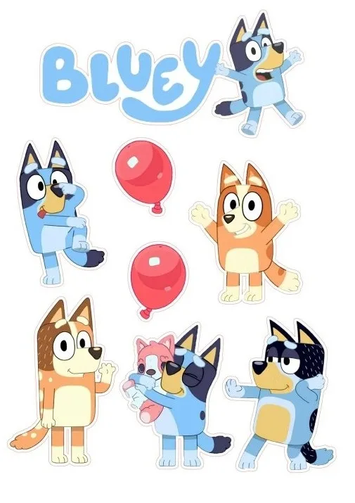 Bluey – výřezy s logem a balónky – jedlý papír na hranatý dort – jedlý obrázek na dort