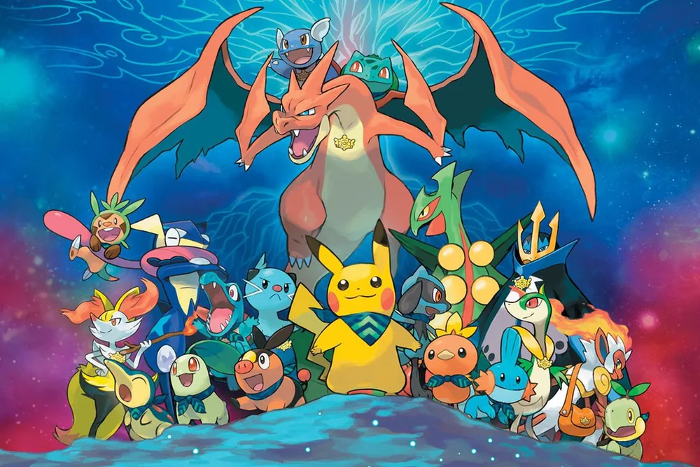 Pokémon – Charizard a parta na šířku – jedlý papír na hranatý dort – jedlý obrázek na dort