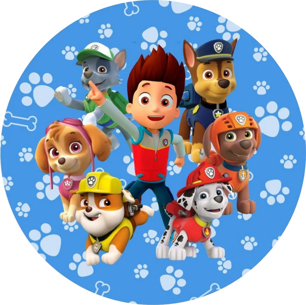 Paw Patrol – Tlapková Patrola – Ryder a pejsci na modrém – jedlý obrázek na dort – jedlý obrázek na dort