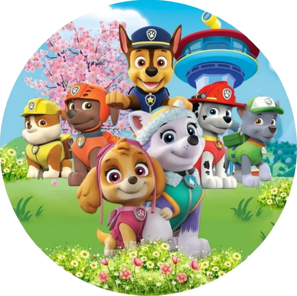 Paw Patrol – Tlapková Patrola – parta v rozkvetlé zahradě – jedlý obrázek na dort – jedlý obrázek na dort