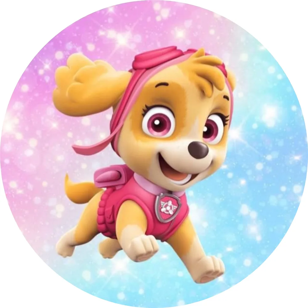 Paw Patrol – Tlapková Patrola – Skye v letu na růžovém – jedlý obrázek na dort – jedlý obrázek na dort