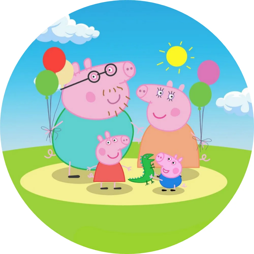 Prasátko Peppa – rodinka s balónky – jedlý obrázek na dort – jedlý obrázek na dort
