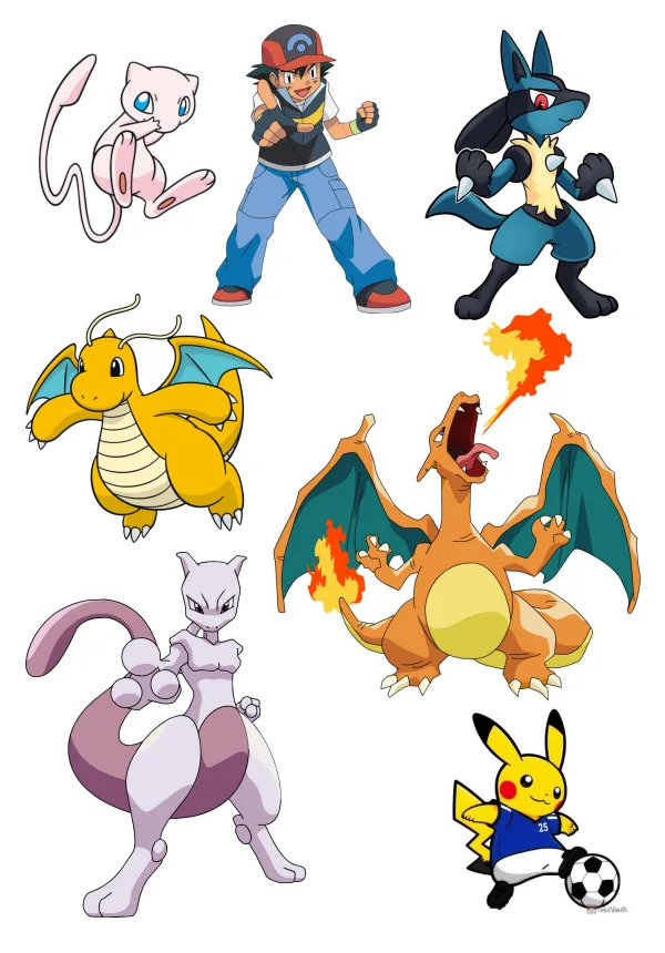 Pokémon – výřezy s Mewtwo a Charizardem – jedlý papír na hranatý dort – jedlý obrázek na dort
