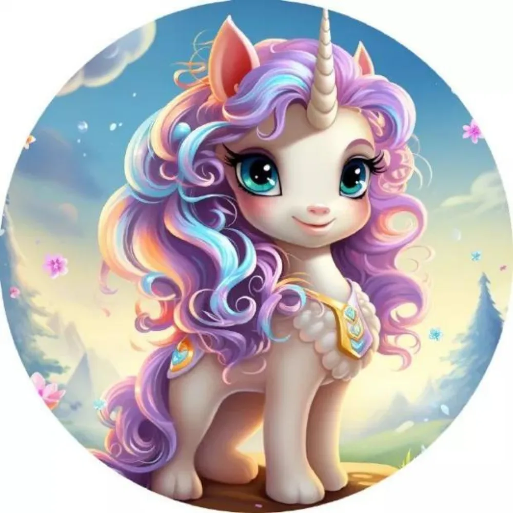 Jednorožec Unicorn – kudrnatá hříva v horách – jedlý obrázek na dort – jedlý obrázek na dort