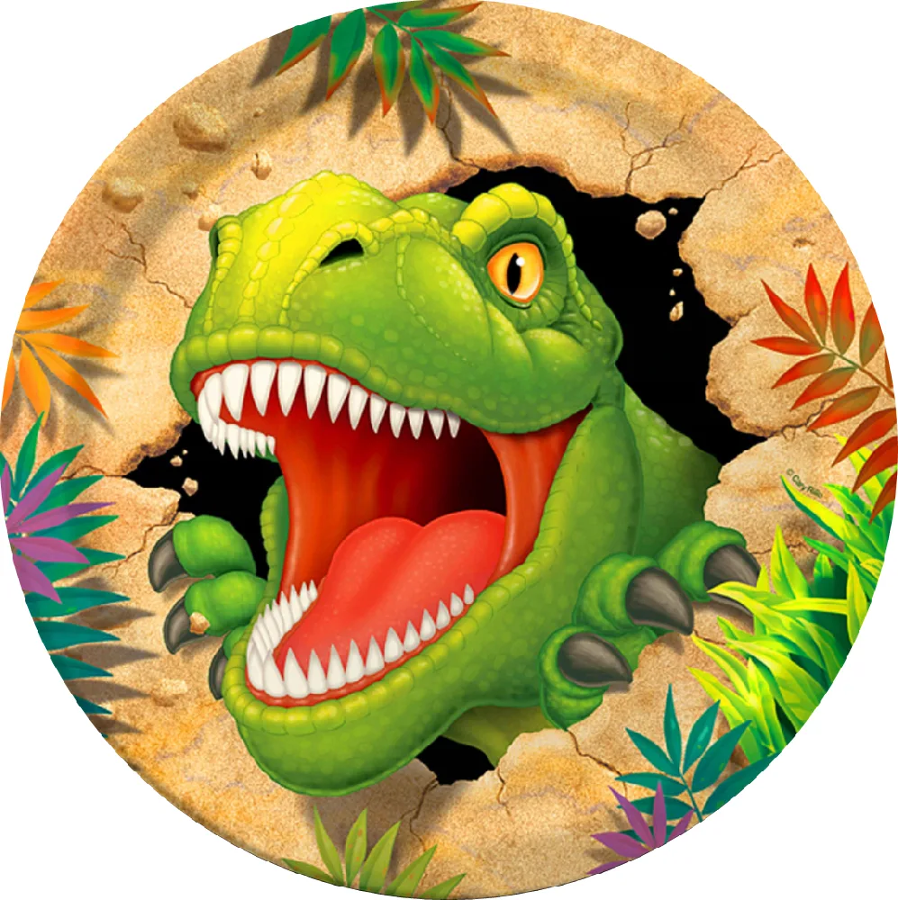 Dinosaurus – tyranosaurus prorážející papír – jedlý obrázek na dort – jedlý obrázek na dort