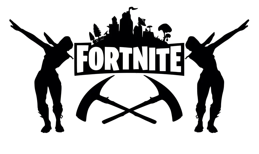 Fortnite – taneční siluety s logem – jedlý papír na hranatý dort – jedlý obrázek na dort