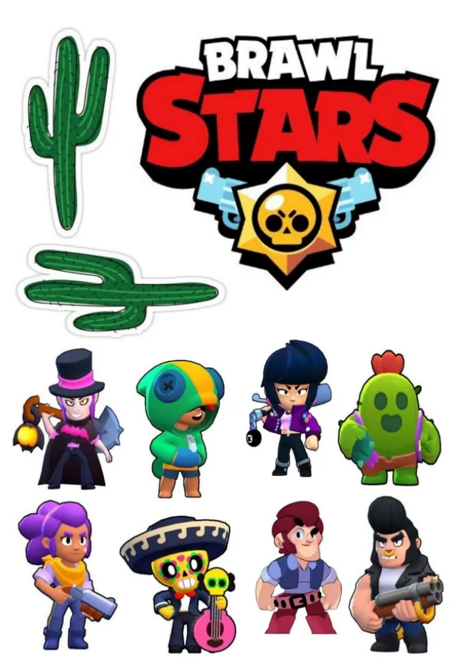 Brawl Stars – výřezy s kaktusem – jedlý papír na hranatý dort – jedlý obrázek na dort