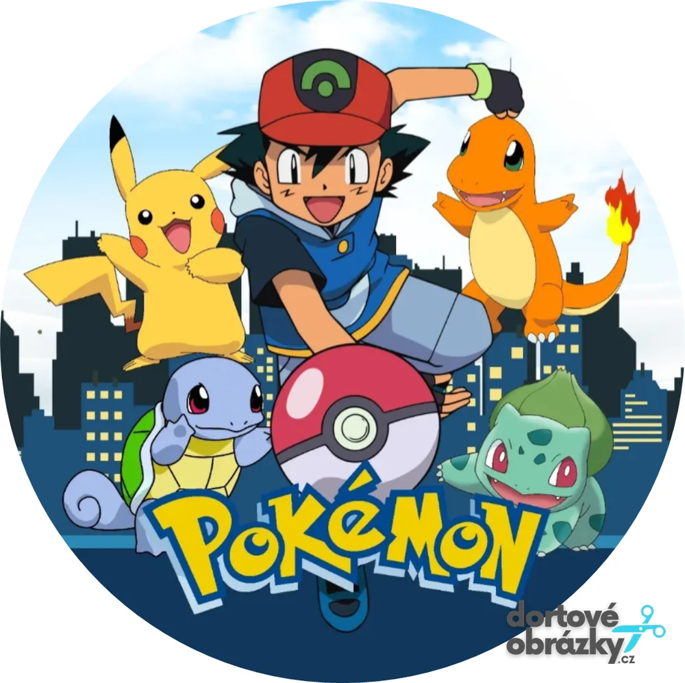 Pokémon – Ash ve městě s logem – jedlý obrázek na dort – jedlý obrázek na dort